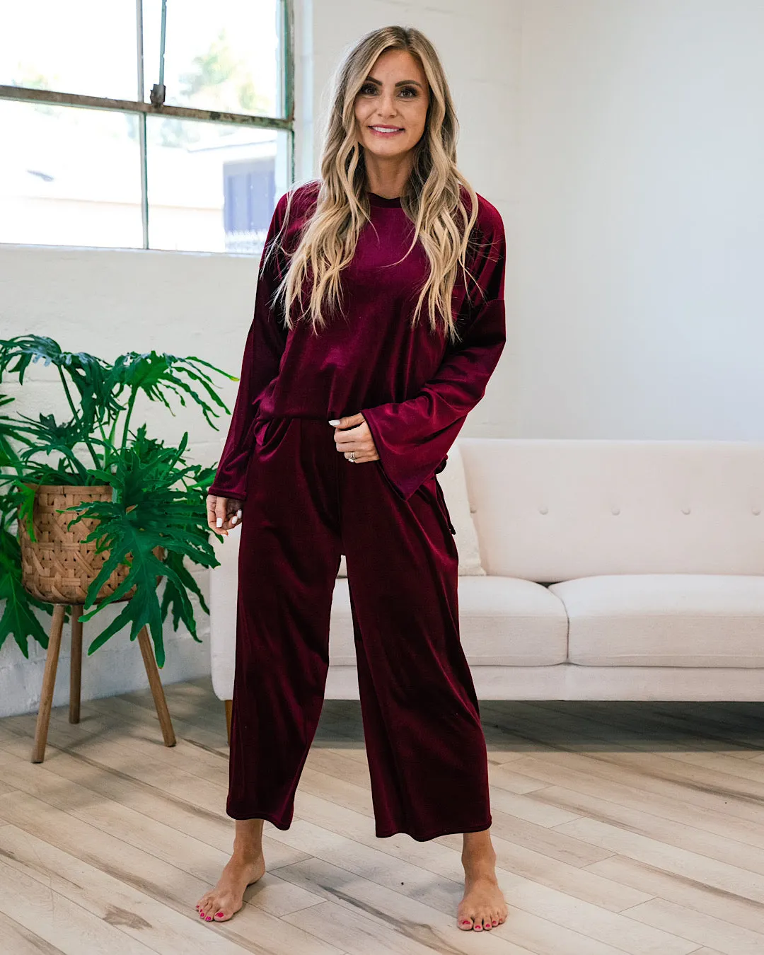 Velvet Wide Leg Pants - Wine FINAL SALE