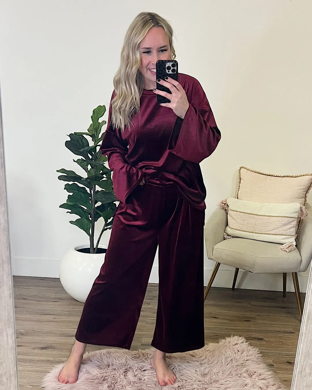 Velvet Wide Leg Pants - Wine FINAL SALE